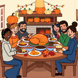A cheerful Thanksgiving pixel art scene characterized by large pixel cells, portraying a festive gathering