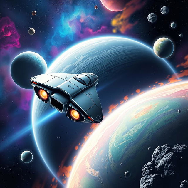 A visually stunning space exploration scene for a sci-fi book cover, featuring a sleek, futuristic spaceship soaring through the vastness of space, with vibrant planets and colorful nebulae in the background