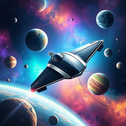 A visually stunning space exploration scene for a sci-fi book cover, featuring a sleek, futuristic spaceship soaring through the vastness of space, with vibrant planets and colorful nebulae in the background