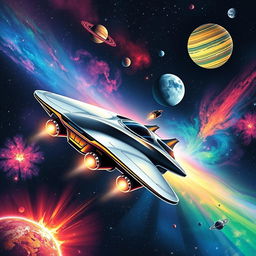 A visually stunning space exploration scene for a sci-fi book cover, featuring a sleek, futuristic spaceship soaring through the vastness of space, with vibrant planets and colorful nebulae in the background