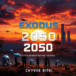 A captivating science fiction book cover for 'Exodus 2050: Africa Between Men and Machines' by Chyvie Bitoki