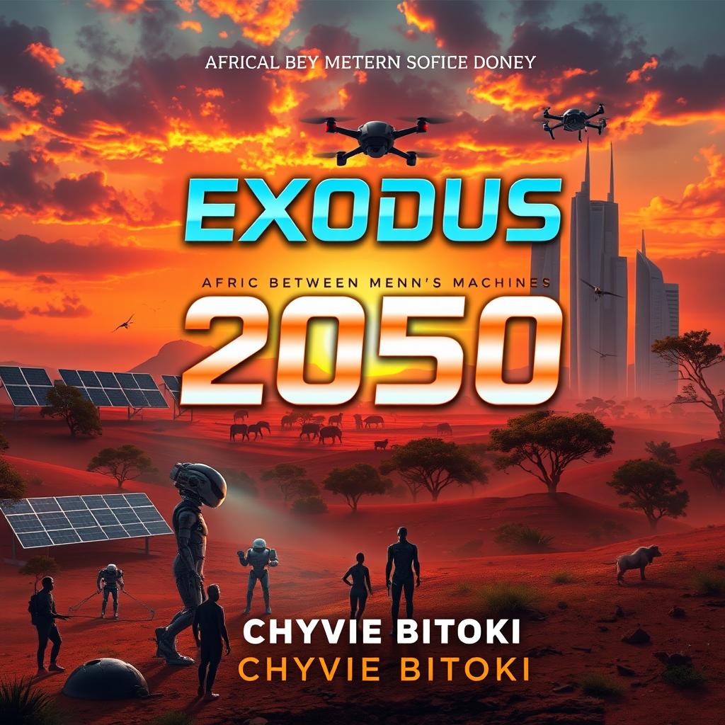 A captivating science fiction book cover for 'Exodus 2050: Africa Between Men and Machines' by Chyvie Bitoki