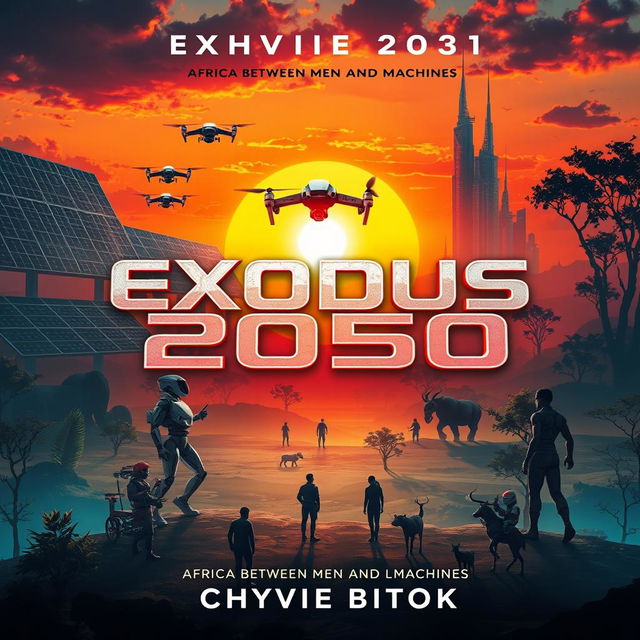 A captivating science fiction book cover for 'Exodus 2050: Africa Between Men and Machines' by Chyvie Bitoki