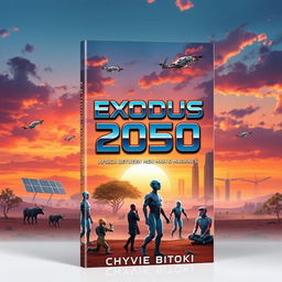A captivating science fiction book cover for 'Exodus 2050: Africa Between Men and Machines' by Chyvie Bitoki