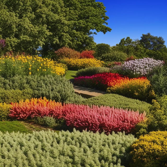 An outdoor setting showcasing a harmonious combination of colors, including a variety of vibrant flowers, lush greenery, and a clear, blue sky.