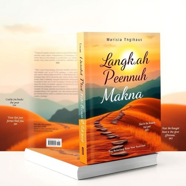 A book cover design for a motivational book titled 'Langkah Penuh Makna' featuring an inspiring and uplifting theme