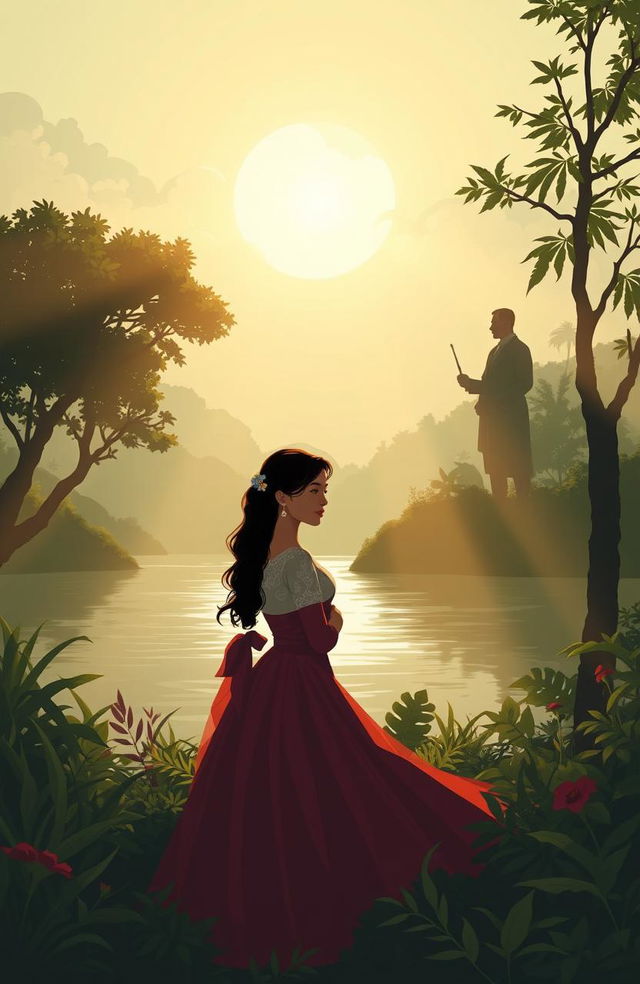 A creative illustration inspired by Jose Rizal's "Noli Me Tangere," featuring an atmospheric symbolic representation of love and revolution in 19th century Philippines