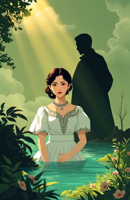 A creative illustration inspired by Jose Rizal's "Noli Me Tangere," featuring an atmospheric symbolic representation of love and revolution in 19th century Philippines