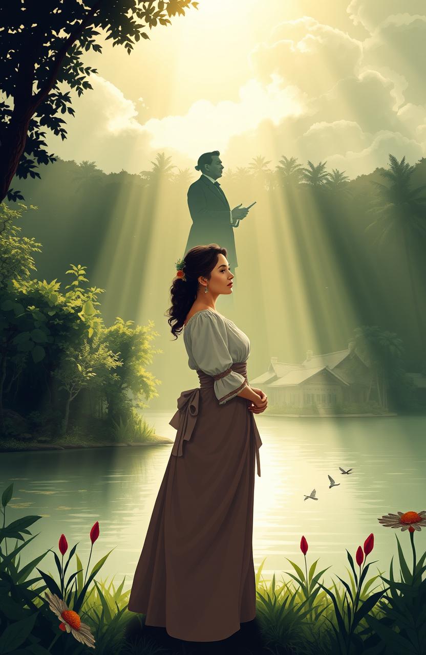 A creative illustration inspired by Jose Rizal's "Noli Me Tangere," featuring an atmospheric symbolic representation of love and revolution in 19th century Philippines