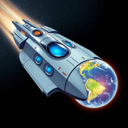 A detailed illustration of a futuristic spaceship with multiple portholes, showcasing sleek, aerodynamic design and glowing lights
