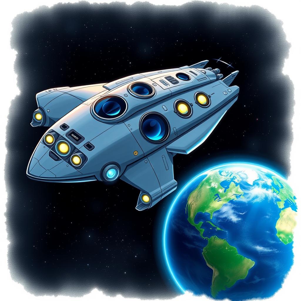 A detailed illustration of a futuristic spaceship with multiple portholes, showcasing sleek, aerodynamic design and glowing lights