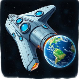 A detailed illustration of a futuristic spaceship with multiple portholes, showcasing sleek, aerodynamic design and glowing lights