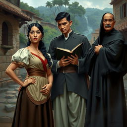 A dramatic scene set in the Spanish colonial period, highlighting themes of justice and freedom as inspired by Jose Rizal