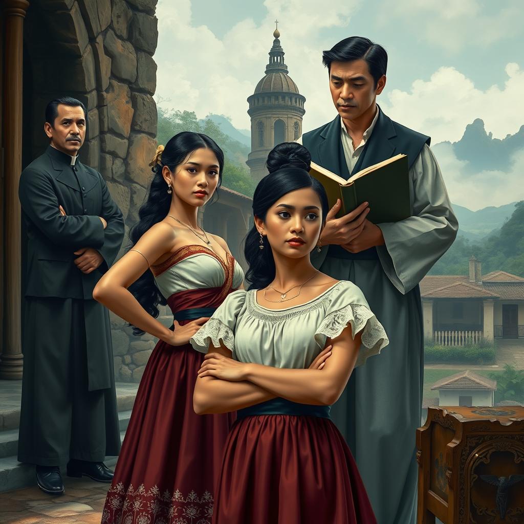 A dramatic scene set in the Spanish colonial period, highlighting themes of justice and freedom as inspired by Jose Rizal