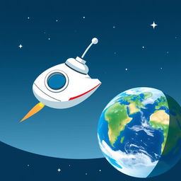 A simple yet charming illustration of a small spaceship with portholes, designed with a sleek, rounded body and minimalistic details