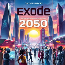 A futuristic book cover for a science fiction novel titled 'Exode 2050: L'Afrique entre Hommes et Machines' by Chyvie Bitoki
