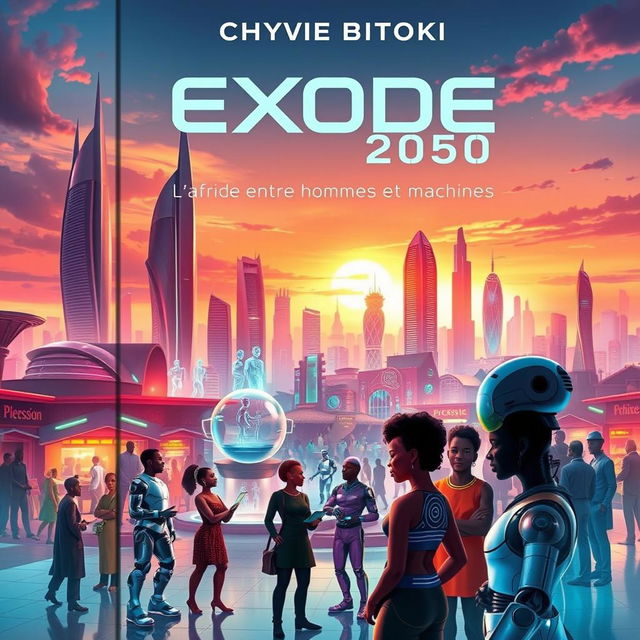 A futuristic book cover for a science fiction novel titled 'Exode 2050: L'Afrique entre Hommes et Machines' by Chyvie Bitoki