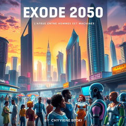 A futuristic book cover for a science fiction novel titled 'Exode 2050: L'Afrique entre Hommes et Machines' by Chyvie Bitoki