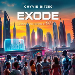 A futuristic book cover for a science fiction novel titled 'Exode 2050: L'Afrique entre Hommes et Machines' by Chyvie Bitoki