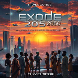 A captivating book cover for the science fiction novel titled 'Exode 2050: L'Afrique entre Hommes et Machines' by Chyvie Bitoki