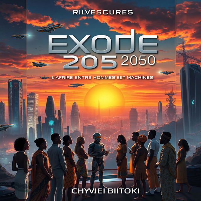 A captivating book cover for the science fiction novel titled 'Exode 2050: L'Afrique entre Hommes et Machines' by Chyvie Bitoki