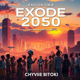 A captivating book cover for the science fiction novel titled 'Exode 2050: L'Afrique entre Hommes et Machines' by Chyvie Bitoki