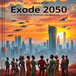 A captivating book cover for the science fiction novel titled 'Exode 2050: L'Afrique entre Hommes et Machines' by Chyvie Bitoki