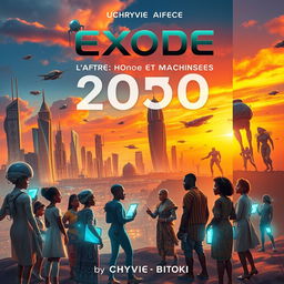 A captivating book cover for the science fiction novel titled 'Exode 2050: L'Afrique entre Hommes et Machines' by Chyvie Bitoki