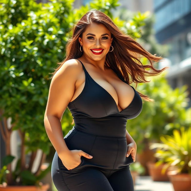 A voluptuous and confident woman with a large bust, wearing a stylish and alluring outfit that accentuates her curves