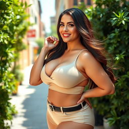 A voluptuous and confident woman with a large bust, wearing a stylish and alluring outfit that accentuates her curves
