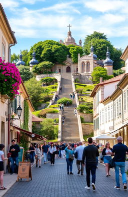 A picturesque view of Braga, Portugal, showcasing its rich history and stunning architecture, including the majestic Bom Jesus do Monte sanctuary with its intricate staircase and lush greenery, surrounded by vibrant flowers in bloom