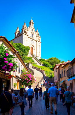 A picturesque view of Braga, Portugal, showcasing its rich history and stunning architecture, including the majestic Bom Jesus do Monte sanctuary with its intricate staircase and lush greenery, surrounded by vibrant flowers in bloom