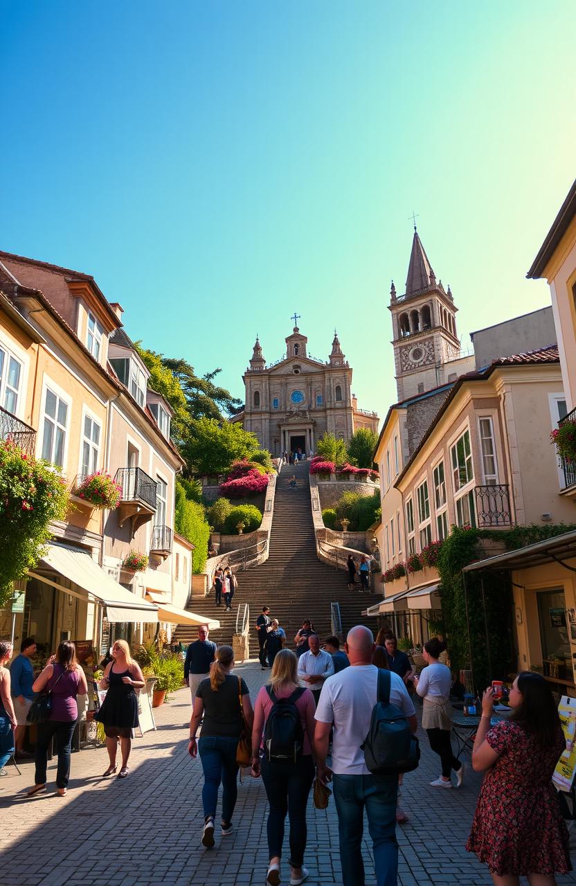 A picturesque view of Braga, Portugal, showcasing its rich history and stunning architecture, including the majestic Bom Jesus do Monte sanctuary with its intricate staircase and lush greenery, surrounded by vibrant flowers in bloom