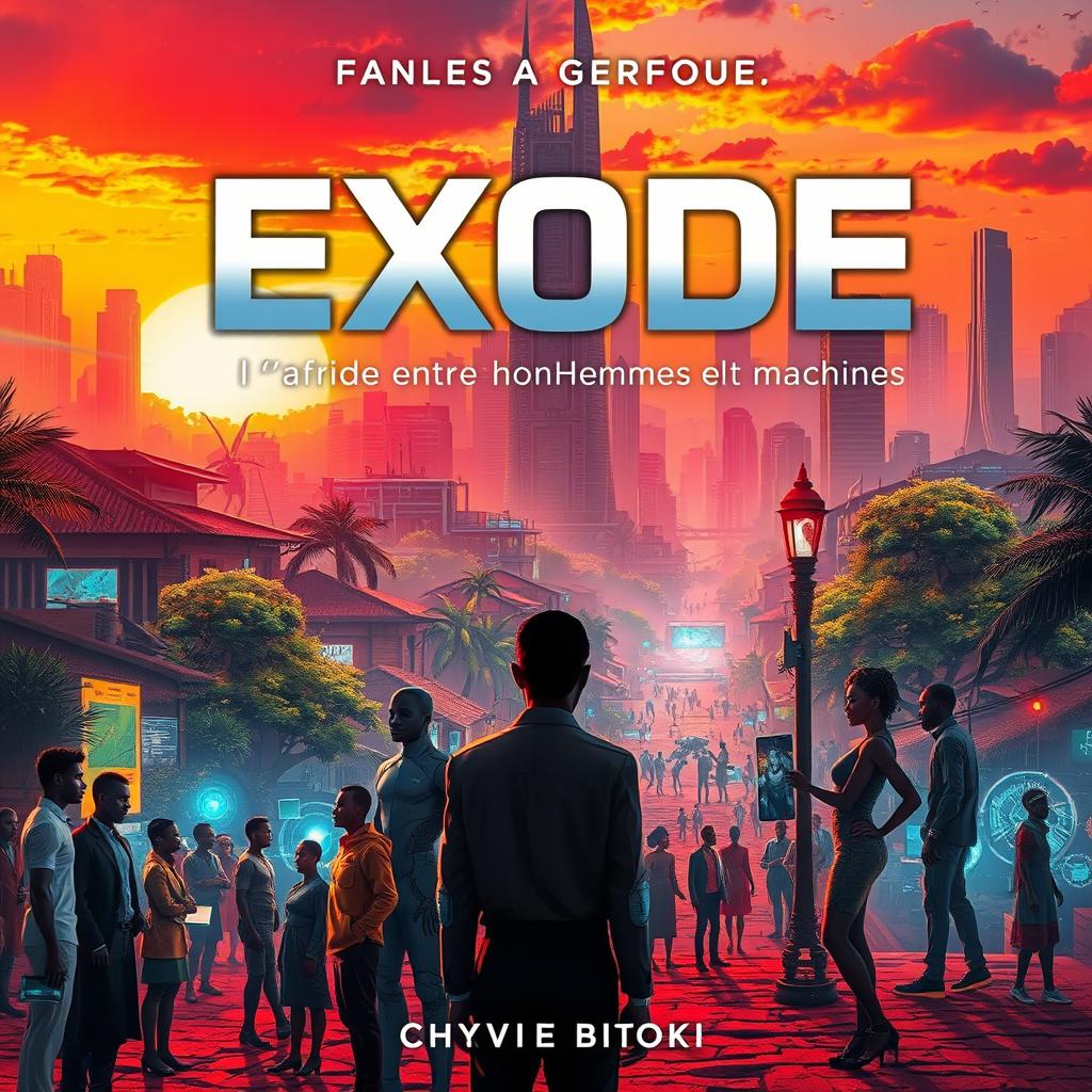 A captivating science fiction book cover for 'Exode 2050: l'Afrique entre Hommes et Machines' by Chyvie BITOKI