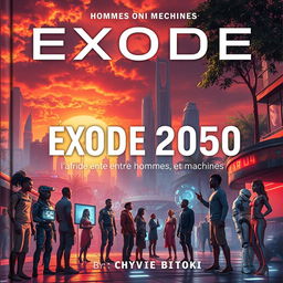 A captivating science fiction book cover for 'Exode 2050: l'Afrique entre Hommes et Machines' by Chyvie BITOKI