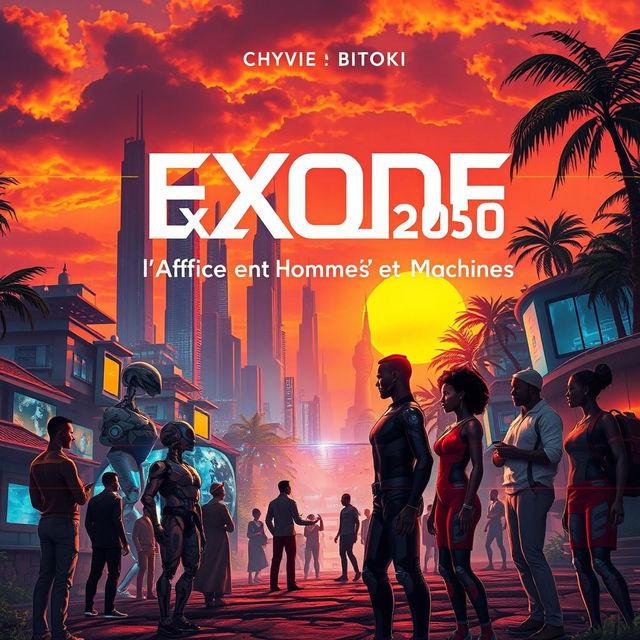 A captivating science fiction book cover for 'Exode 2050: l'Afrique entre Hommes et Machines' by Chyvie BITOKI