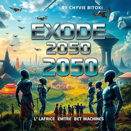 A striking science fiction book cover for 'Exode 2050: l'Afrique entre Hommes et Machines' by Chyvie BITOKI