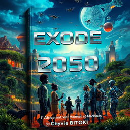 A striking science fiction book cover for 'Exode 2050: l'Afrique entre Hommes et Machines' by Chyvie BITOKI