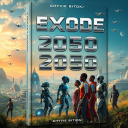 A striking science fiction book cover for 'Exode 2050: l'Afrique entre Hommes et Machines' by Chyvie BITOKI