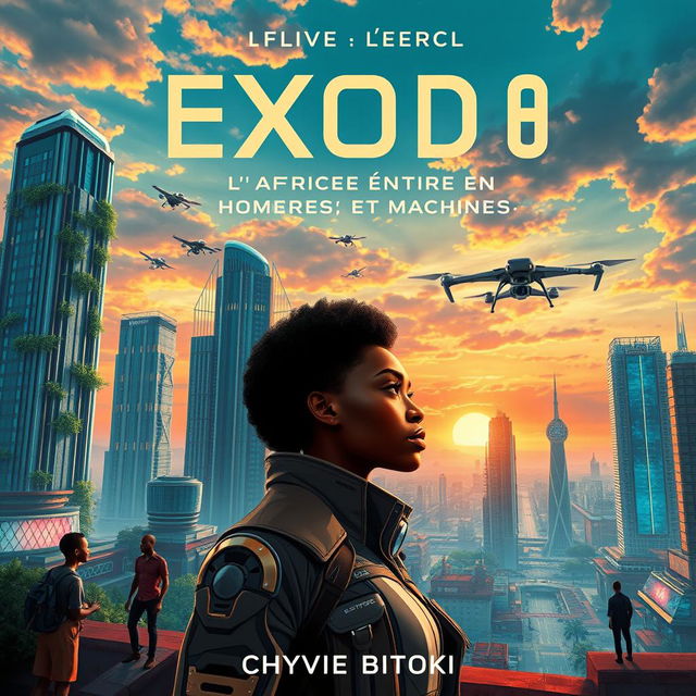 A captivating science fiction book cover design for "Exode 2050: l'Afrique entre Hommes et Machines" by Chyvie BITOKI