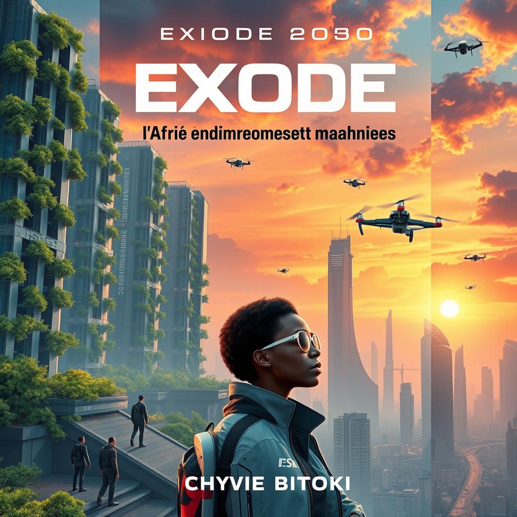 A captivating science fiction book cover design for "Exode 2050: l'Afrique entre Hommes et Machines" by Chyvie BITOKI