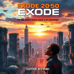 A captivating science fiction book cover design for "Exode 2050: l'Afrique entre Hommes et Machines" by Chyvie BITOKI