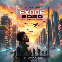 A captivating science fiction book cover design for "Exode 2050: l'Afrique entre Hommes et Machines" by Chyvie BITOKI