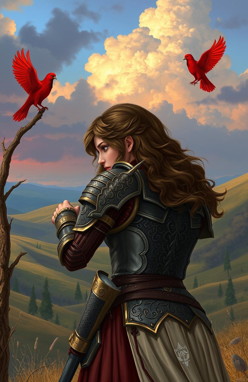 A scene featuring Elyse Jett, an indie American girl with a determined expression, her backside visible in detailed warrior armor