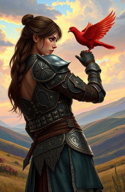 A scene featuring Elyse Jett, an indie American girl with a determined expression, her backside visible in detailed warrior armor