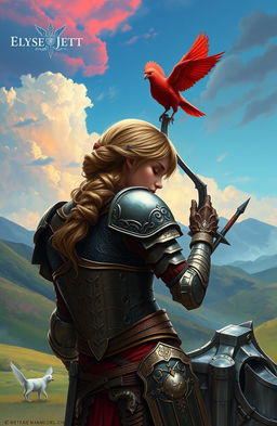 A scene featuring Elyse Jett, an indie American girl with a determined expression, her backside visible in detailed warrior armor