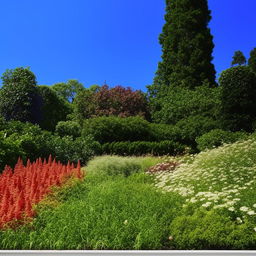 An outdoor setting showcasing a harmonious combination of colors, including a variety of vibrant flowers, lush greenery, and a clear, blue sky.