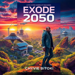 A stunning science fiction book cover design for "Exode 2050: l'Afrique entre Hommes et Machines" by Chyvie BITOKI