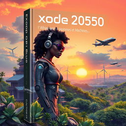 A stunning science fiction book cover design for "Exode 2050: l'Afrique entre Hommes et Machines" by Chyvie BITOKI