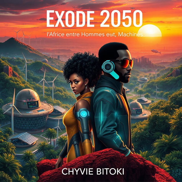 A stunning science fiction book cover design for "Exode 2050: l'Afrique entre Hommes et Machines" by Chyvie BITOKI